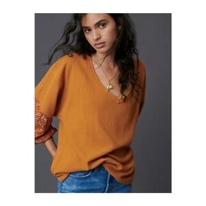 Anthropologie Oversize Thermal Top Size XS Mustard Yellow Floral Waffle